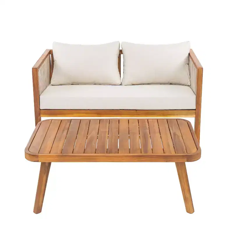 Christopher Knight Home Saelin 2 Piece Modern Outdoor Acacia Wood Conversation Set with Coffee Table and Rope Arm Sofa