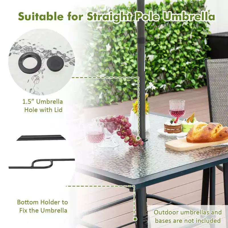 Costway 35'' Patio Dining Table Tempered Glass Top Bistro Table with 1.5'' Umbrella Hole