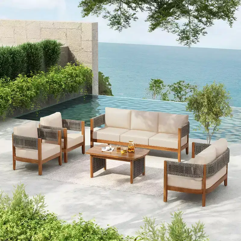 Christopher Knight Home Valentina Patio 5 Piece Rustic Rope Weave Acacia Wood Seating Set with Coffee Table and Cushions