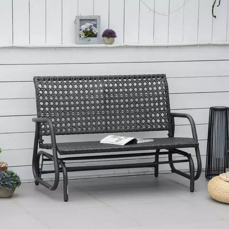 Outsunny 2-Person Outdoor Wicker Glider Bench Patio Garden PE Rattan Swing Loveseat Chair with Extra Wide Seat and Curved Backrest Dark Gray