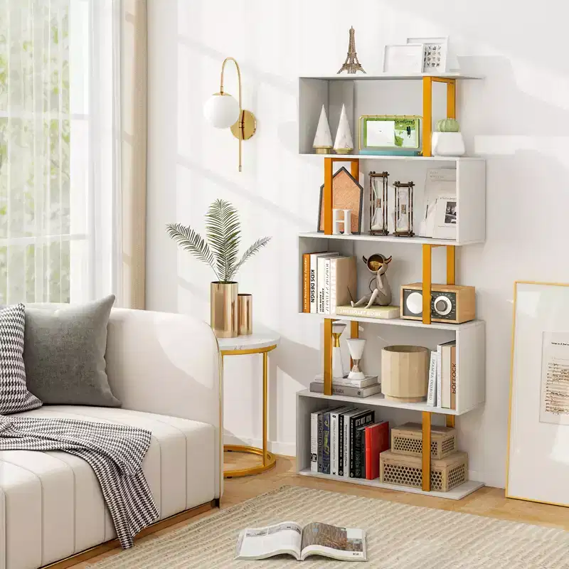 5-Tier S-Shaped Geometric Bookcase with Gold Metal Frame