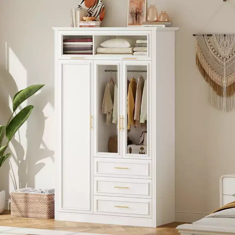 3 Door Wardrobe Armoire with LED Lights & 3 Drawers, Freestanding Closet Cabinet, White - ModernLuxe