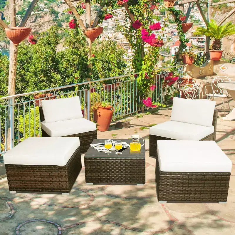 Costway 5PCS Patio Rattan Wicker Furniture Set Armless Sofa Ottoman Cushioned Garden