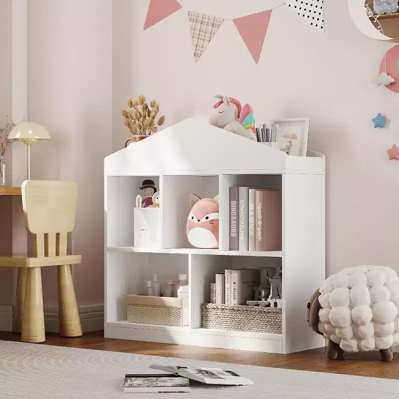 2-Tier Kids Bookshelf with Playhouse Roof Design, 5-Cubby Toy Storage Organizer for Playroom, Nursery & Kids Room