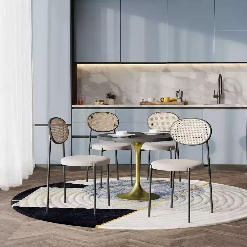 LeisureMod 5-PC Dining Set - 36 Round Dining Table Black MDF Top & Gold Base, 4 Velvet Dining Chairs in Black Steel Legs