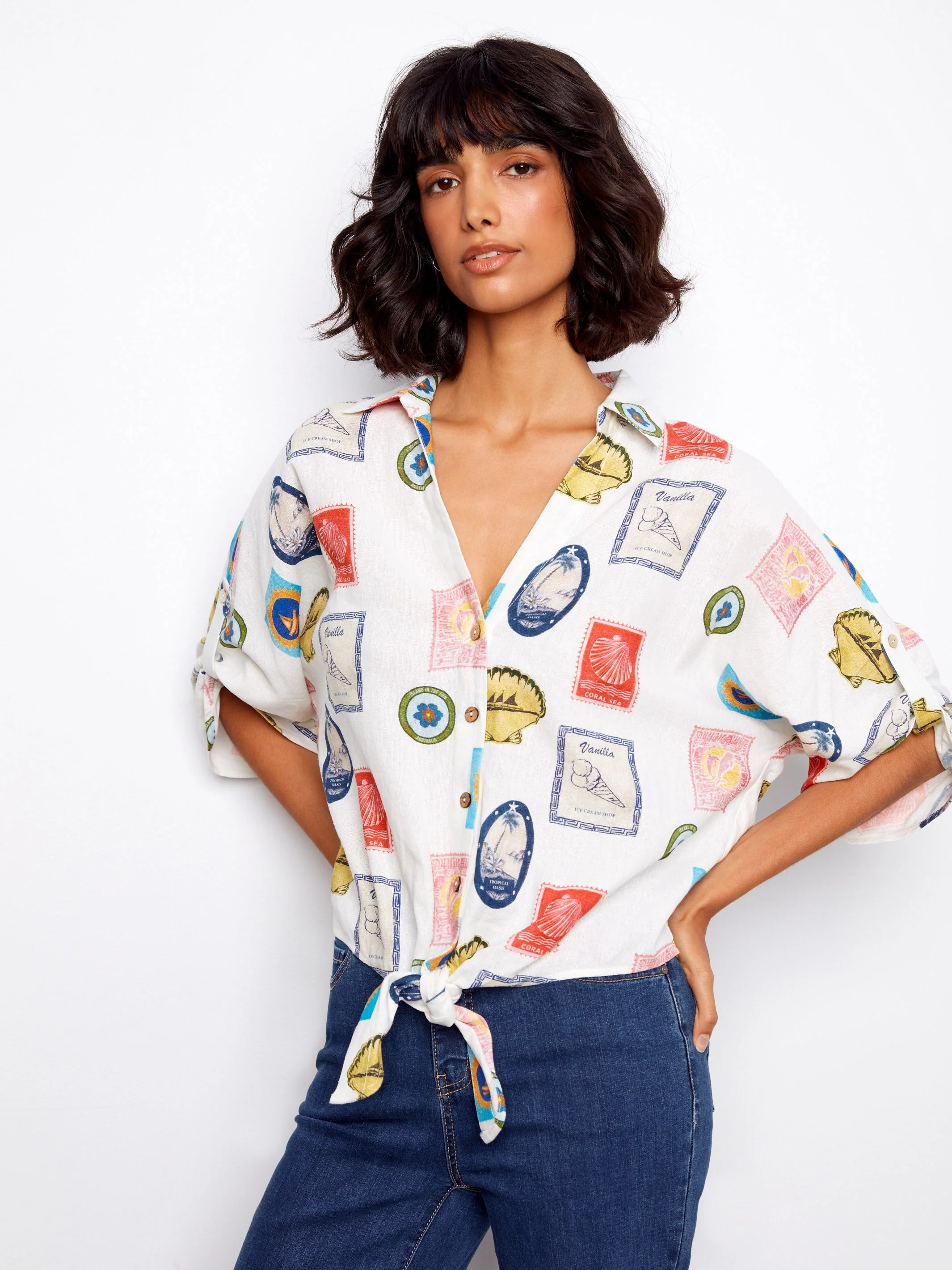 Printed Linen Blend Front-Tie Blouse - Graphic Print