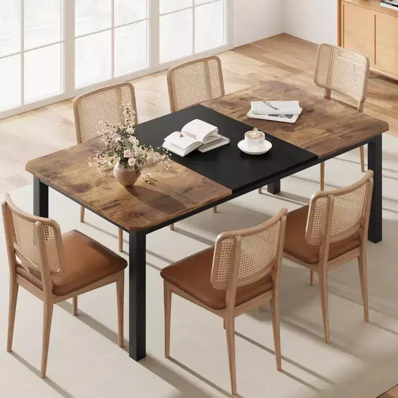 Dining table, 78 inches, seats 6-8 people, industrial style metal frame, rectangular design, suitable for use in kitchen, dining room and living room