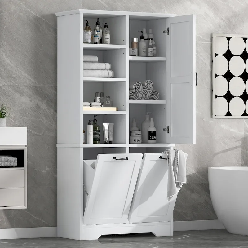Bathroom Storage Cabinet with Drawers, Tilt-Out Laundry Hamper, Multiple Storage Space, Open Shelve, Adjustable Shelf