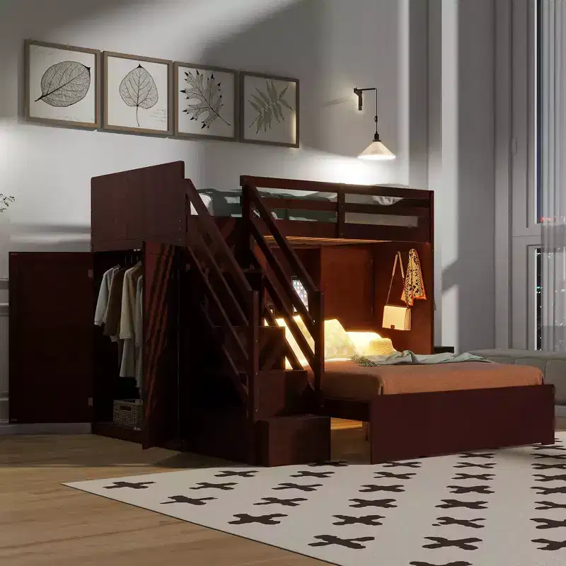 Twin over Full Bunk Bed with Wardrobe, USB Ports, Light, Storage Shelves & Storage Stairs - ModernLuxe