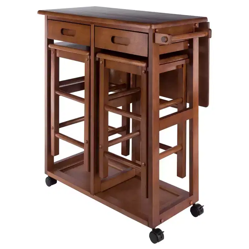 3pc Suzanne Space Saver Drop Leaf Dining Set Teak - Winsome: Compact, Storage Drawers & 2 Stools