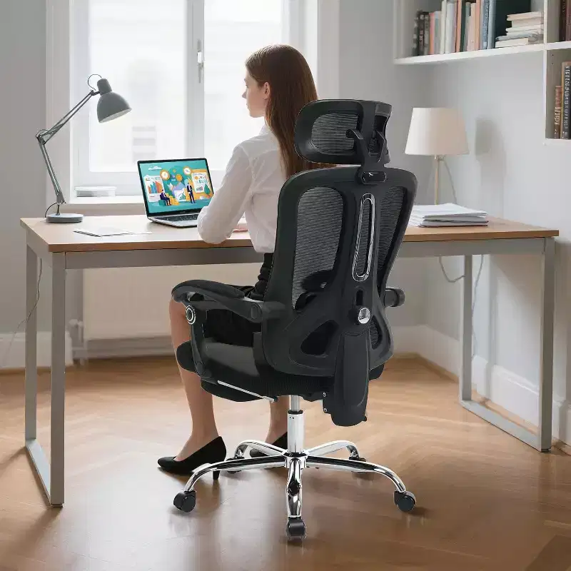 Ergonomic Mesh Office Chair with Adjustable Headrest & Lumbar Support, Retractable Footrest, Swivel Desk Chair with Wheels, Black