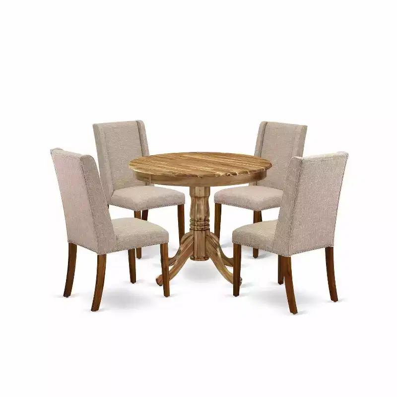HomeStock 5-Piece Round Natural Oak Finish Solid Wood Top Dining Table with 4 Parson Chair