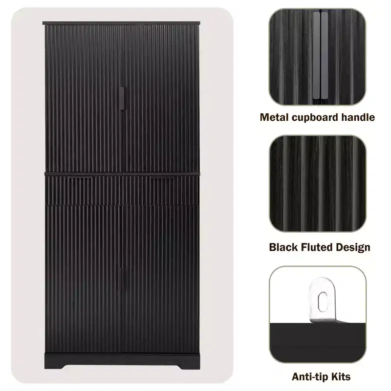 72 Tall Fluted Pantry Storage Cabinet Modern Minimalist Freestanding Wood Organizer Cabinet with Drawer, Door Rack, Pull Out Tray