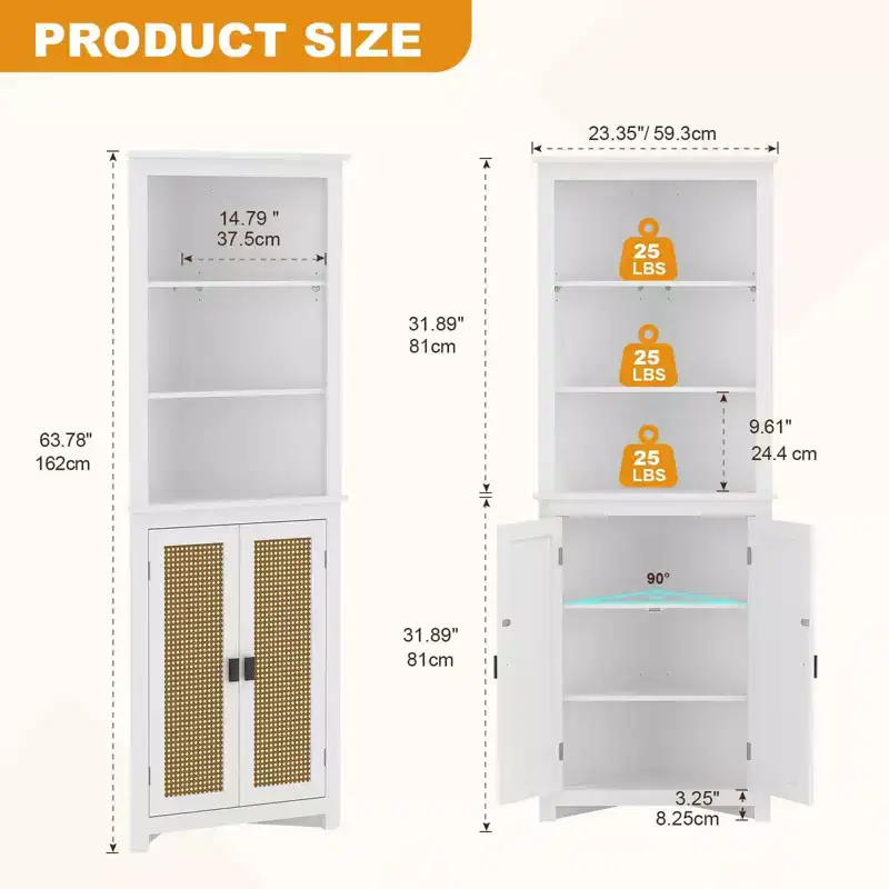 GustoWave 64 Tall Farmhouse Corner Cabinet with 2 Barn Doors, Buffet Pantry Adjustable Shelves, Farmhouse Storage Cabinet, White