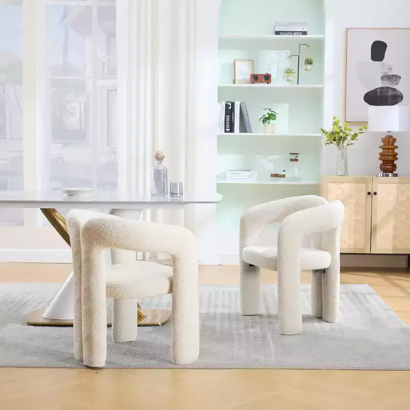 Modern Soft Chenille Accent Chair - Open Back 3-Leg Barrel - Comfy Dining Set of 2 (Beige)