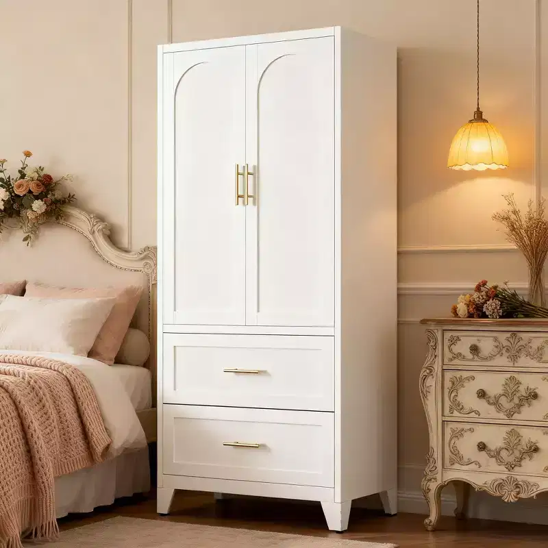 JVNOXK 71 inchTall Metal Wardrobe Cabinet with 2 Drawers and Hanging Rod, 2 Doors Wardrobe Closet with Shelf for Bedroom, White