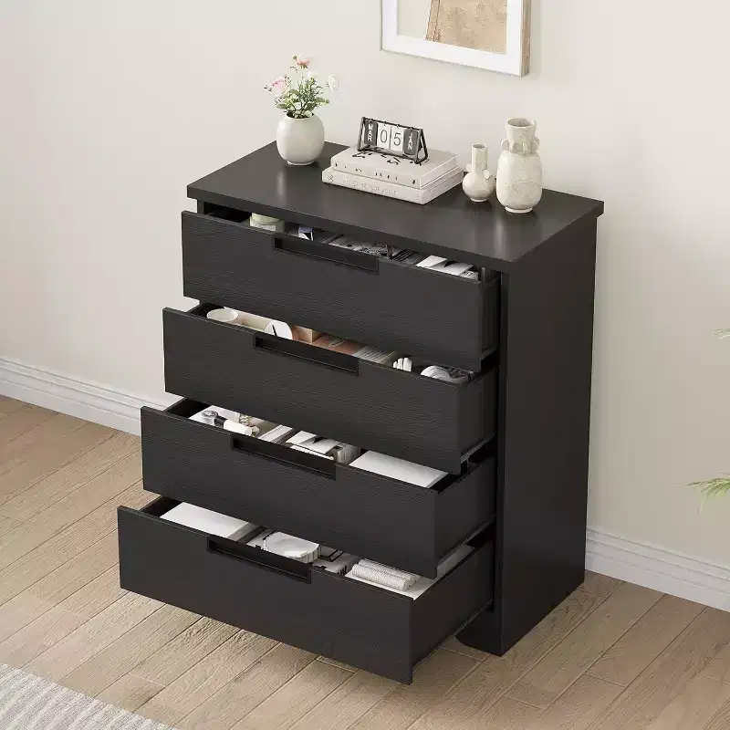 4-Drawer Black Dresser with Embedded Handles - Modern Wooden Chest of Drawers for Bedroom Living Room Nursery
