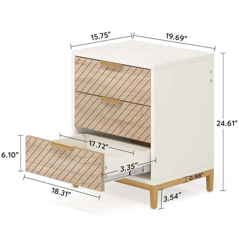 3-Drawer Nightstand with Gold Handles, Light Wood Grain, Particle Board and Metal Frame, 19.69W x 15.75D x 24.6H in