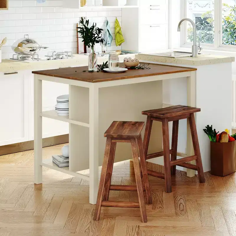 3-Piece Rustic Kitchen Island: 45 Solid Wood Table, 2 Seats, Open Shelves - Space-Saving