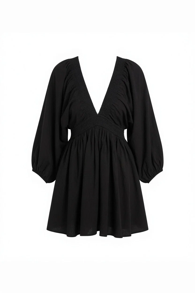 Smocked Waist Balloon Sleeve A-Line Mini Dress