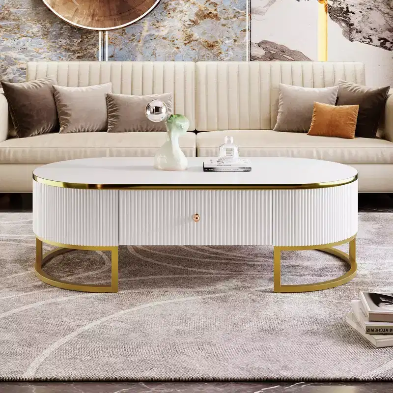 47W Modern Coffee Table Cocktail Table Center Table Accent Table with Drawers, Curved Profile Design, Gold Metal Leg, Oval, White+Gold-ModernLuxe