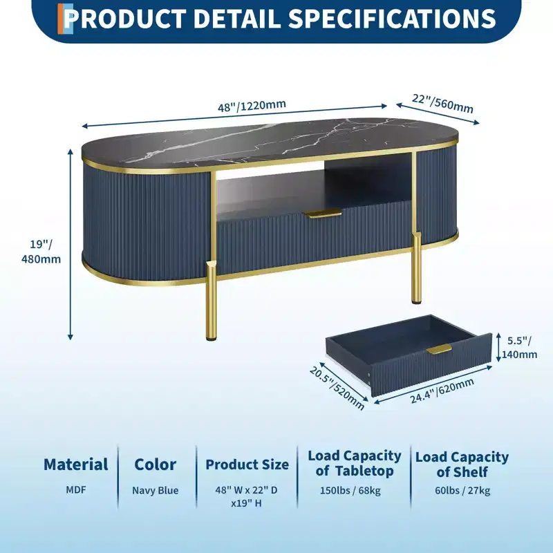 Modern Fluted Coffee Table, 48'' Oval with Drawer, Faux Marble Top & Gold Metal Accents