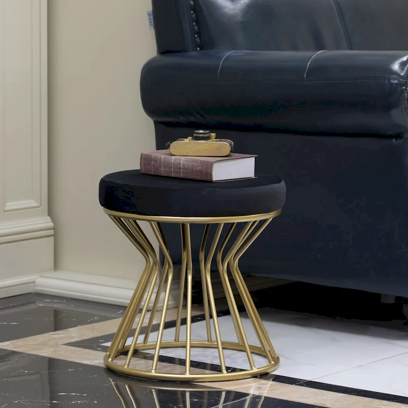 Modern Round Velvet Stool with Bent Gold Metal Base Standard Ottoman