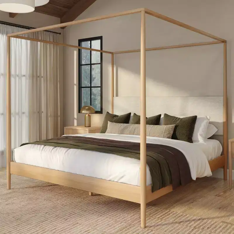 King Canopy Bed with Upholstered Headboard, Blonde/Swiss Coffee
