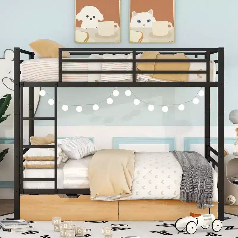 Metal Full Size Convertible Bunk Bed with 2 Drawers and Ladder - Black