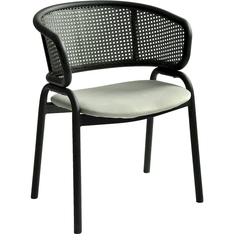 Grey / Beige / Navy Blue / Black Upholstered Dining Chair, Rattan Back with Iron Legs