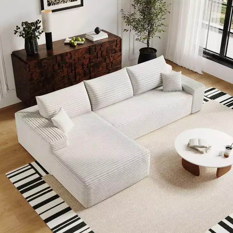 107 inch White Plush Corduroy Fabric Sectional Couch with L-Shape Chaise Modern Modular Sofa with Deep Seat