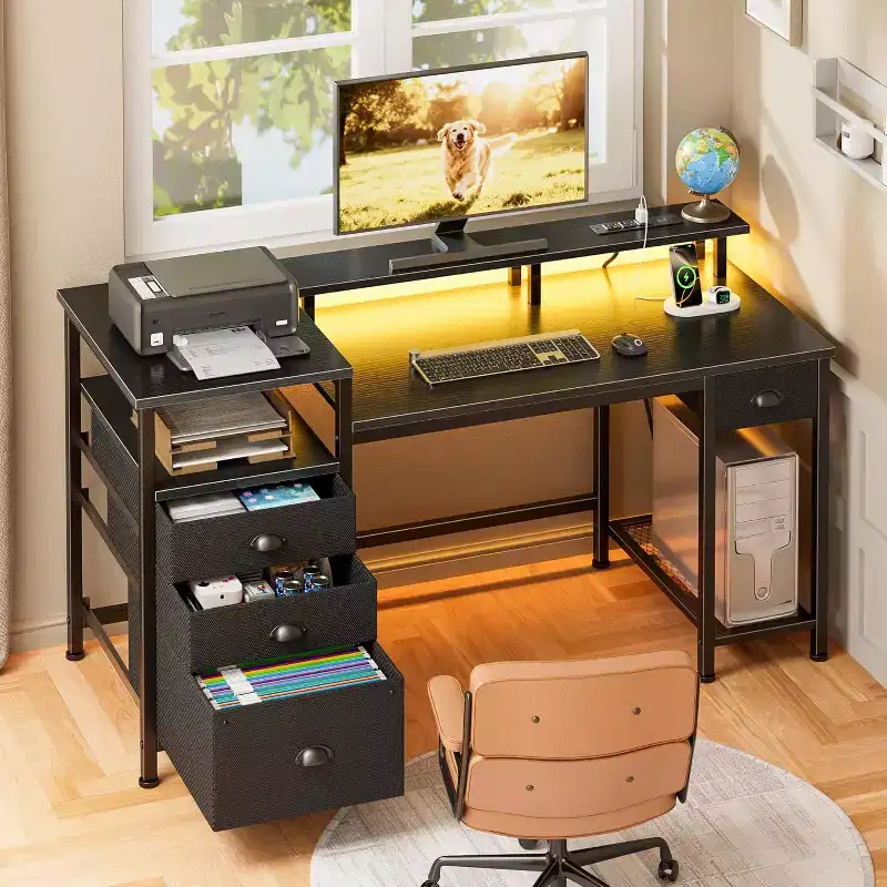 Qwatto 52in Gaming Desk Charging Station and Light Reversible Computer Desk 4 Drawers File Cabinet Printer Storage Shelves Monitor Stand Black Finish