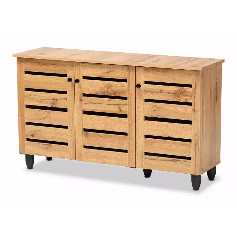 3 Door Shoe Cabinet, Oak Brown/Black - Nautical Style, 6 Fixed Shelves, Wood Frame