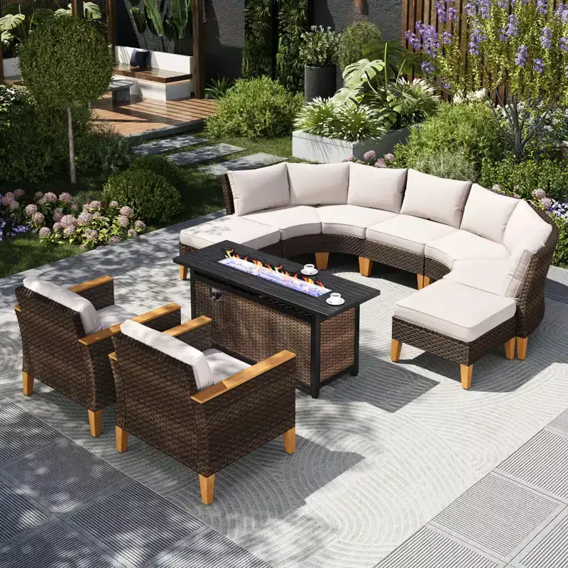 Captiva Designs 10pc Outdoor Wicker Rattan Patio Half-Moon Curved Sectional Sofa Conversation Set with Fire Pit Table