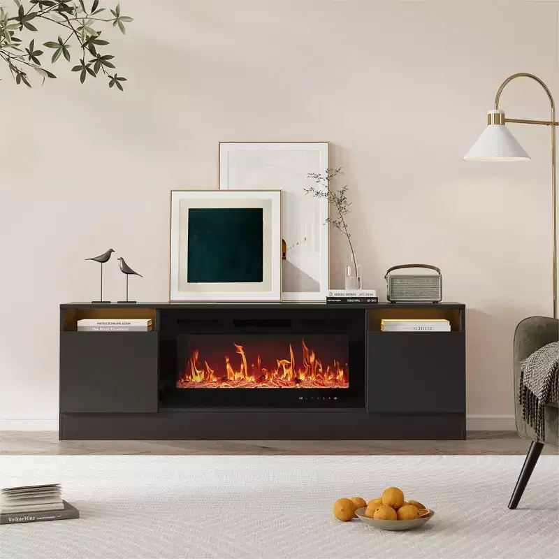 Modern TV stand with LED lighting, featuring storage cabinets and shelves, suitable for bedrooms and living rooms.