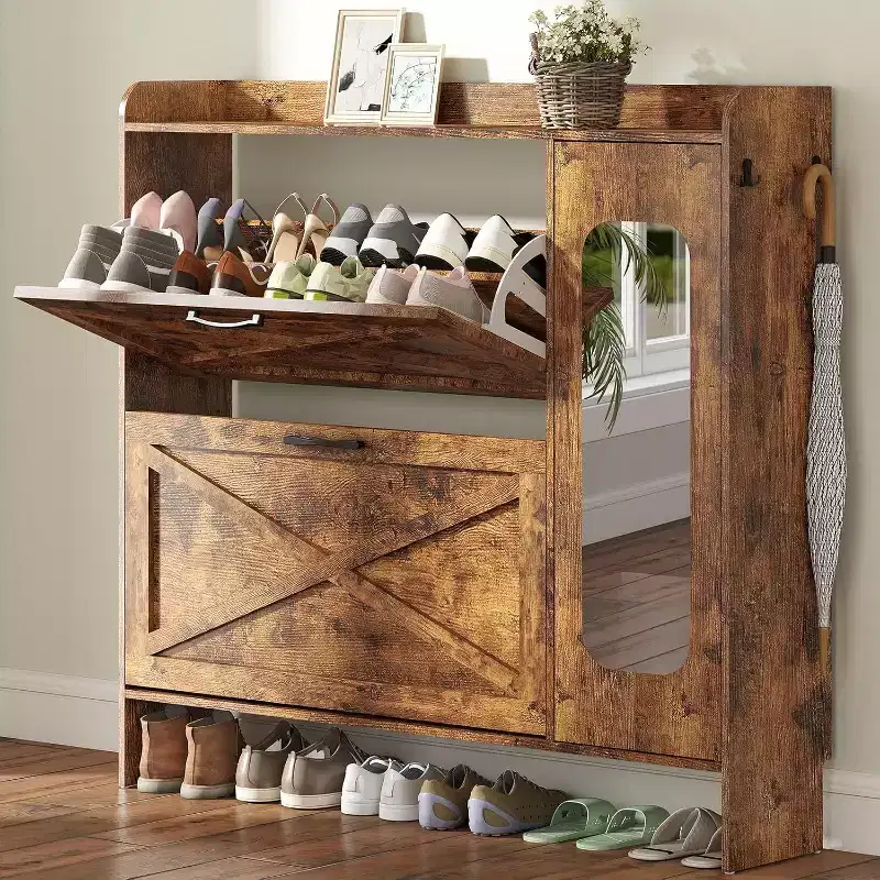 Shoe Storage Cabinet with 2 Flip Drawers & Side Cabinet, Shoe Rack Organizer with Mirror and Adjustable Shelves, Dark Brown