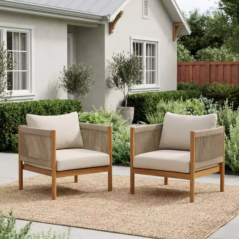 Christopher Knight Home Bradley Patio Modern Acacia Wood Club Chair Woven Rope Panels and Cushions
