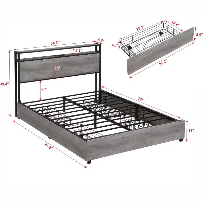 Bellemave Full Bed Frame, Storage Headboard with Charging Station, Solid and Stable, Noise Free, No Box Spring Needed, Easy Assembly,Gray