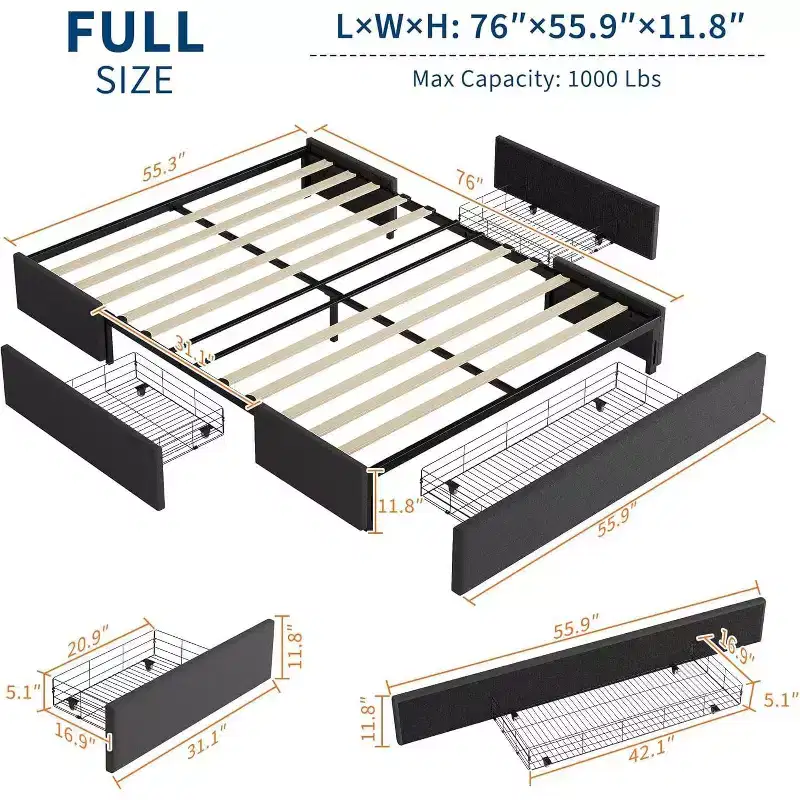 Acekool Platform Bed Frame with 3 Storage Drawers, Wood Slats, No Box Spring, Modern Linen Upholstery