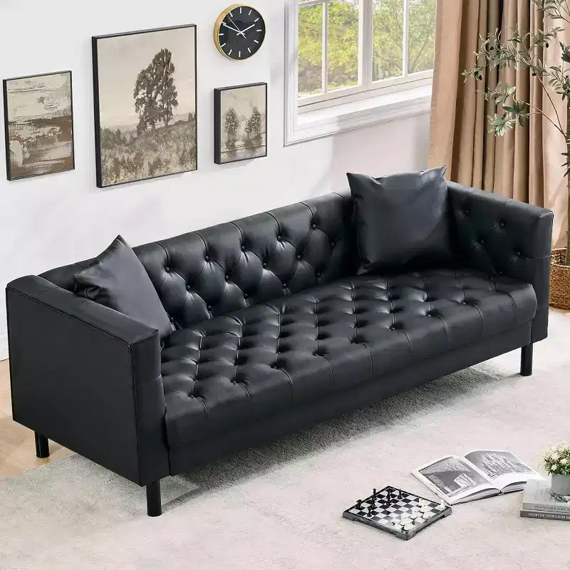 Black Chesterfield PU Leather Sofa, 3-Seater