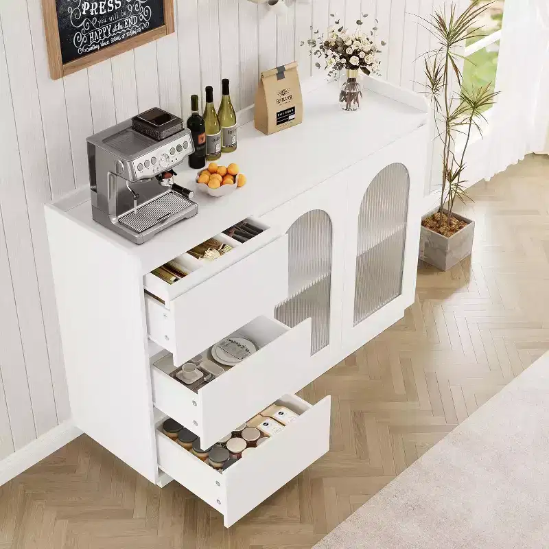 48 Buffet Cabinet with 3 Drawers, Glass Doors & LED Lights, Modern Sideboard Storage Coffee Bar for Kitchen Dining Room