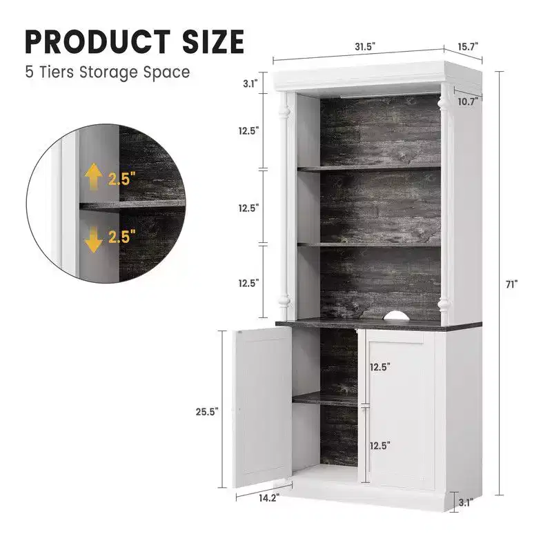 Coolmee 5 Tier Tall Adjustable Display Bookcase, Roman Column Bookshelf with Led Light, Open Shelves & Dual-Door Storage Cabinet for Home Office