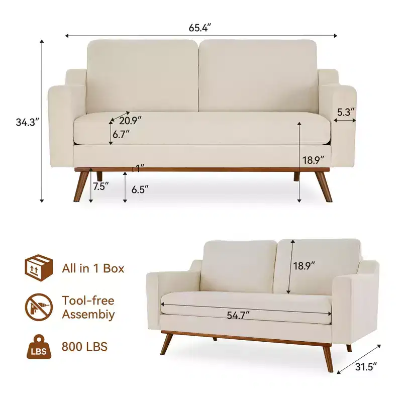 Dyonery 65.4 Comfy Loveseat Sofa Couches for Living Room,Mid Century Modern Small Couch with Spring Cushion,Solid Wood Frame,Tool-Free Assembly