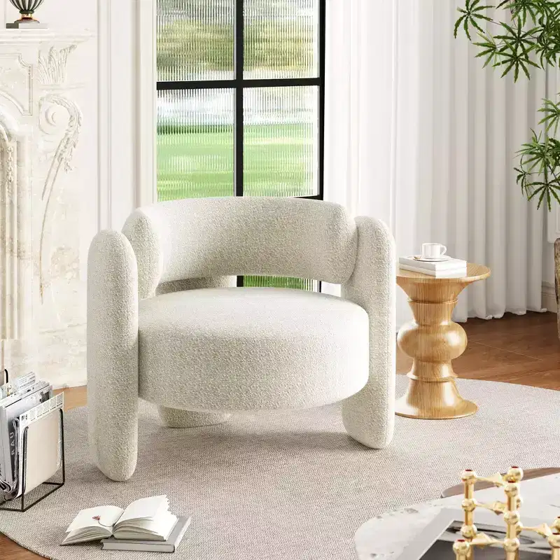 Coolmee Modern Chenille Accent Armchair Mid-Century Upholstery, Round Corners for Living Room, Bedroom, Office, or CafeBeige