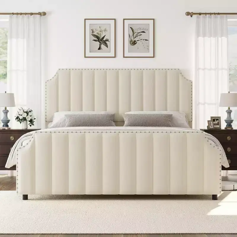 Platform Bed Frame with 50.2 Headboard, Velvet Upholstered Bed Frame