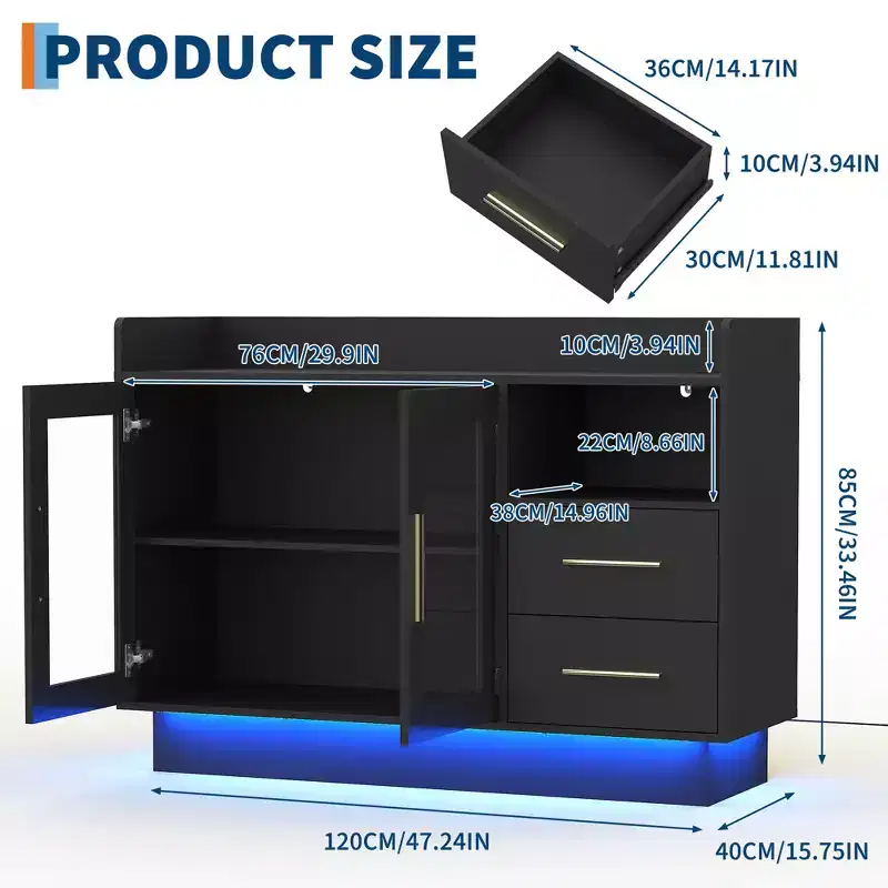 Premium LED Wine Bar Cabinet with Glass Doors & Storage Drawers - Versatile Home Bar Furniture for Kitchen, Dining Room, Office, Game Room