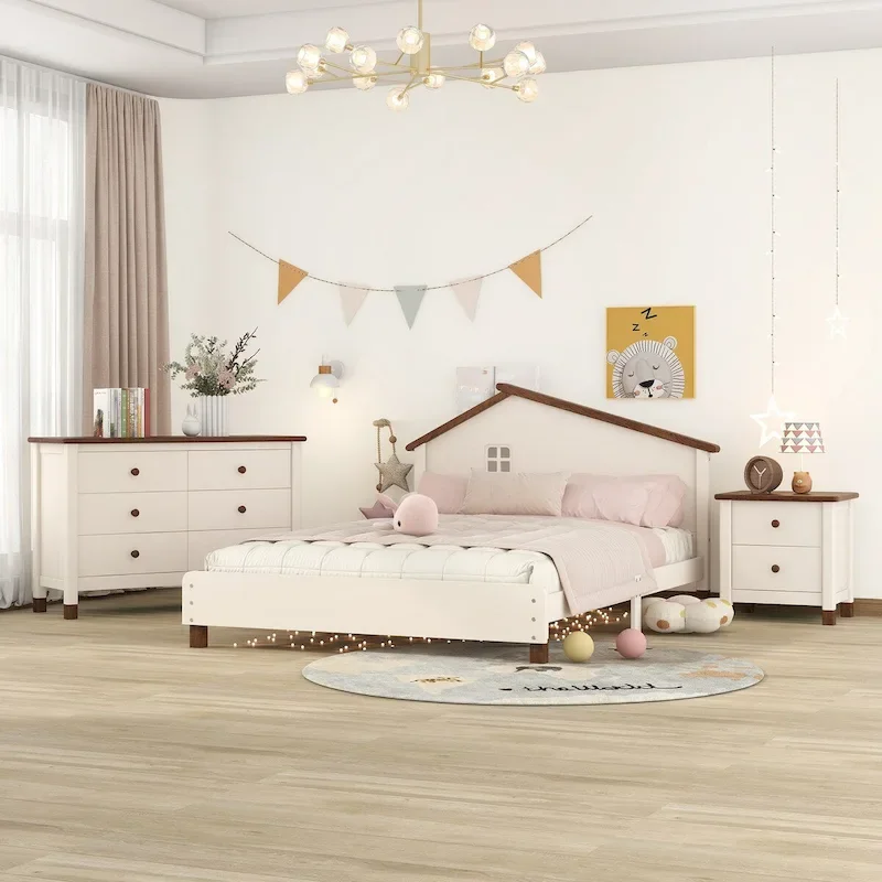 3-Pieces Bedroom Sets Full Size Platform Bed with Nightstand and Storage dresser,White+Gray