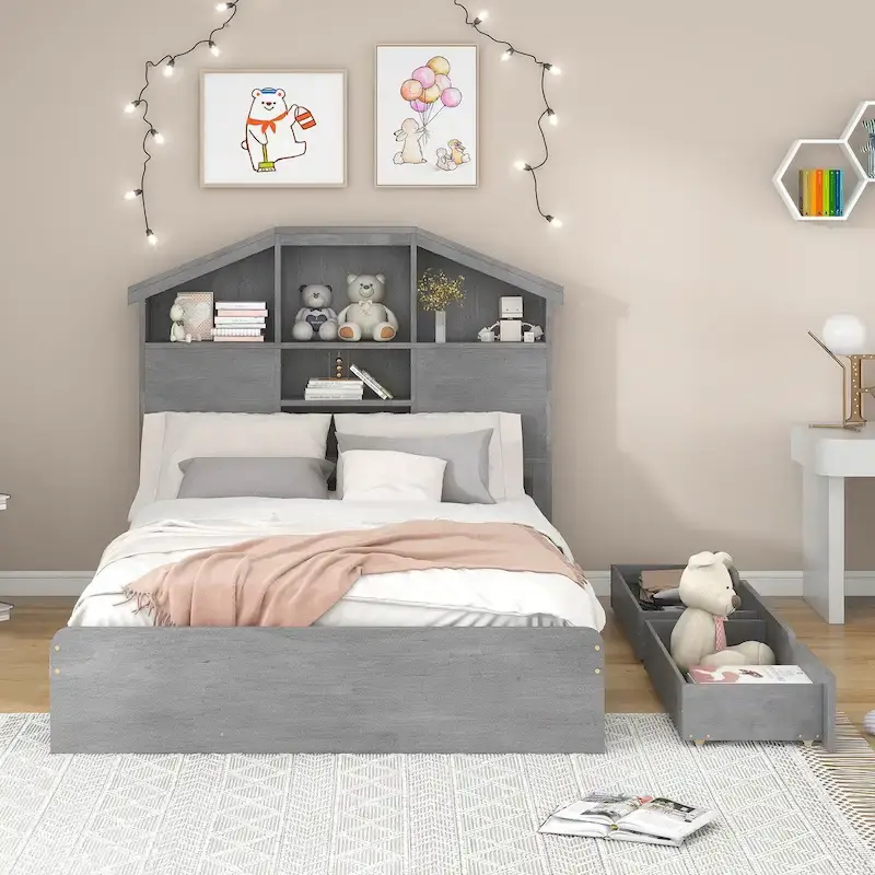 Wood Platform Bed with House-shaped Storage Headboard and 2 Drawer