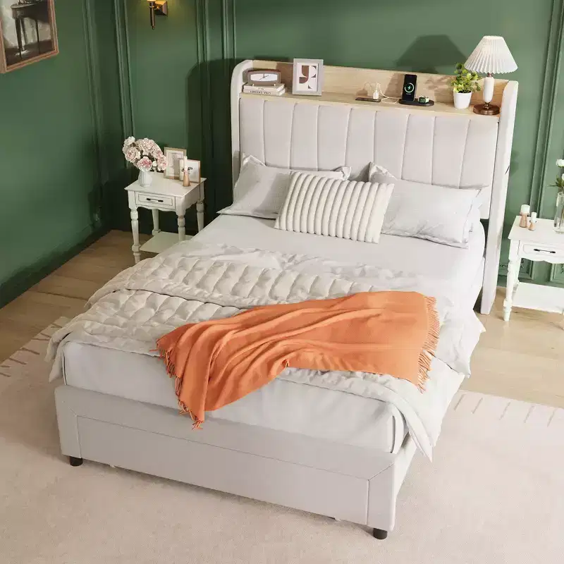 Bed Frame with Storage Headboard, Wooden Full Bed Frame with Charging Station, Metal Platform Bed Frame with Large Drawers, No Box Spring Needed