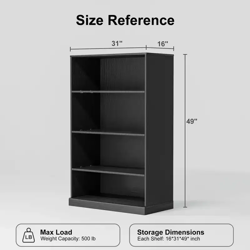 49x31x16 Doorless Wood Bookshelf Storage Cabinet for Kitchen, Bedroom, Entryway, Living Room, Black